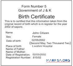 Downloadable India Government of J. & K. birth certificate example